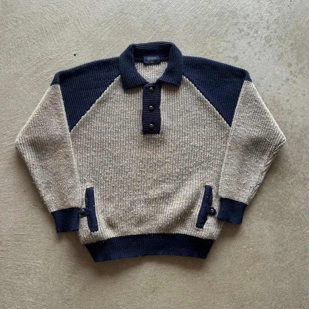 Vintage 70s Franconia Henley Sweater Size XL Tan Navy Blue Collared Pullover
